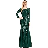 Long Sleeve Sequin Evening Dress Glitter Mermaid Long Gown for Mother of The Bride Or Wedding Guest