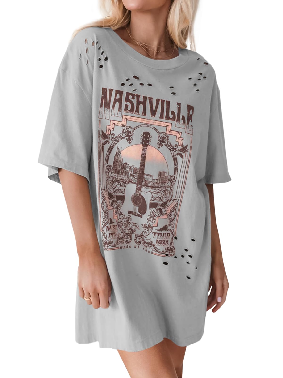 Photo 1 of Imily Bela Womens Nashville Oversized T Shirts Country Concert Outfits Hollow Out Guitar Graphic Tees Vintage Tops Grey