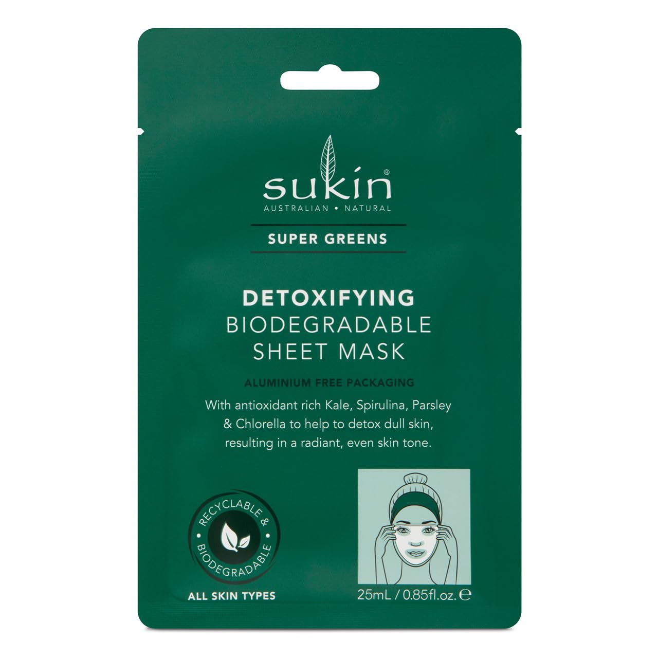 SUKIN SUPER GREENS MASK SACHETX8 DETOXIFYING SHEET