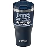 RTIC 30oz Essential Tumbler with Lid, Ceramic Lined, Insulated, Stainless Steel, Metal, Double Wall Vacuum-Insulation, Travel Cup for Iced Coffee, Tea, Hot and Cold Drink, Navy