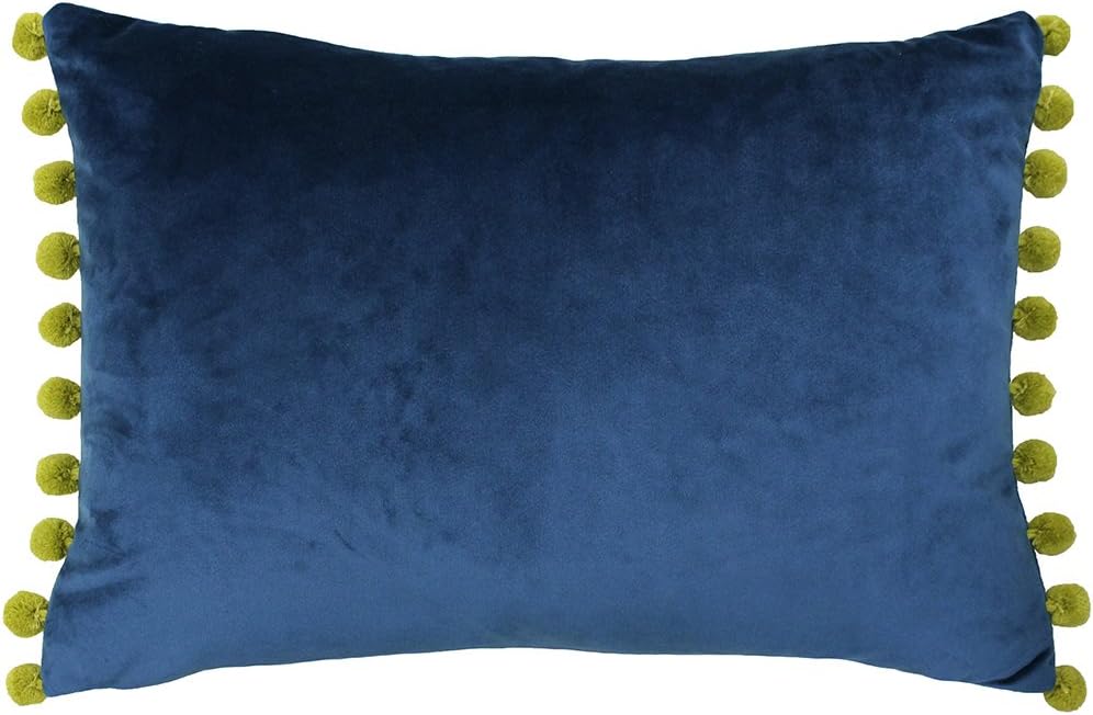Riva Paoletti Fiesta Rectangular Feather Filled Cushion Blue Yellow Pompom Edges-Faux Velvet Fabric-Discreet Zip Closure-100 Case (14" x 20" inches), Polyester, Indigo/Olive, 35 x 50cm