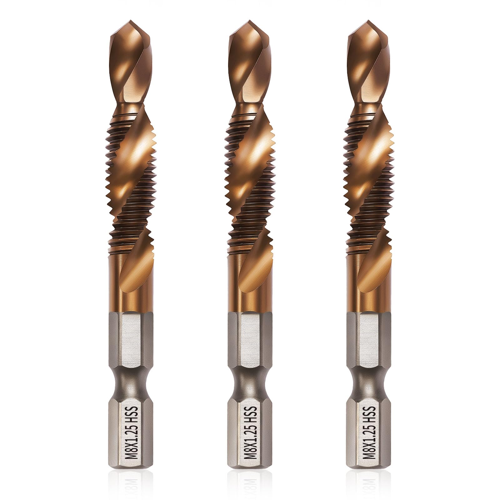 Litorange 3 Pcs 6542 HSS Drill & Taps Bit Set with Cobalt Coating, Screw Tapping Threading Tools in Sizes M8 with 6 mm Hex Shank, Suitable for Professional and Difficult Tapping