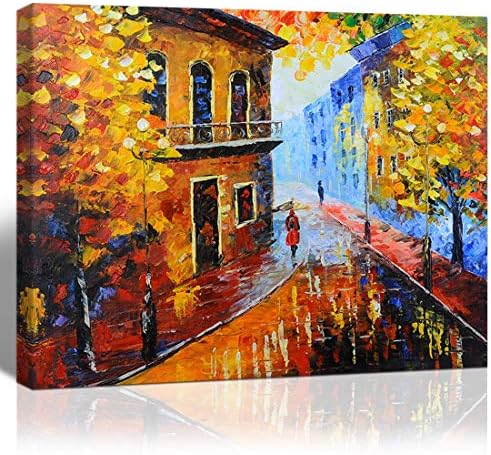 LoomArt City Street in Autumn Hand Painted Canvas Wall Art Abstract Oil Painting Red Yellow Maple Trees Landscape Contemporary Knife Painting Artwork for Home Decoration Living Room Wall Décor 16x20