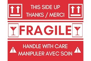 Causewaycollab Fragile This Side Up Labels, 3"x4" (7.6 x 10.2 cm), Roll of 500, Red and White
