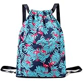 YINGKOR Drawstring Backpack Bag, Waterproof Draw String Back Sack with Zipper Pocket, Gym Drawstring Backpack Swimming Bag for Men Women, Pack of 1, Animal Pattern Printed, Flamingos