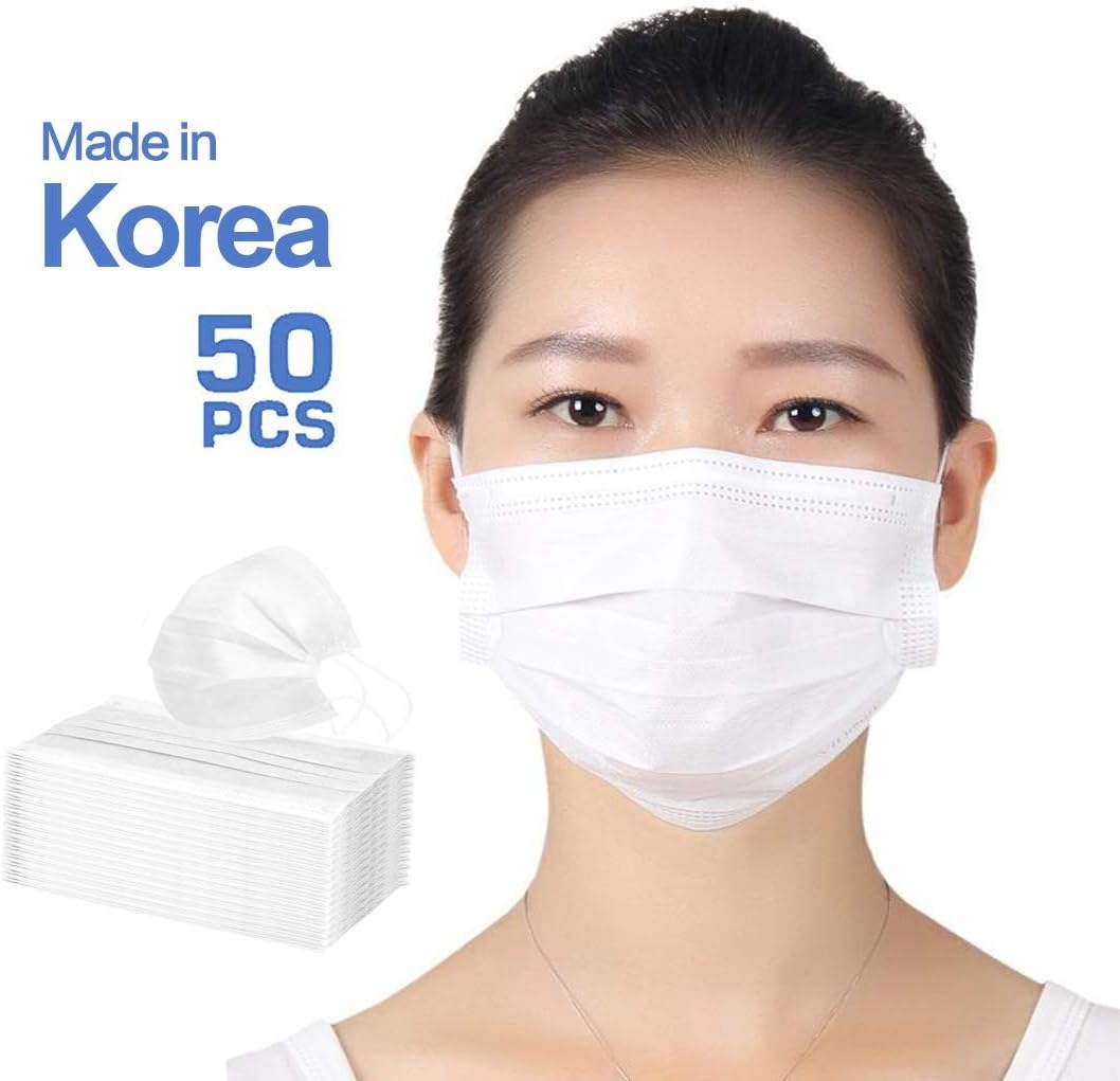 Surgical Mask Ear Loop -Anti- Fog Design Great for Virus Protection Mask Breathable 4-Ply Disposable Non-Toxic Dust and Filter Mask for Cleaning White 50 Pack Made in Korea