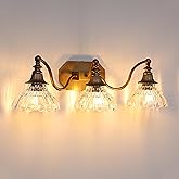hesoge Vintage Bathroom Light Fixture Brushed Gold Vanity Light with Crystal Glass Shade Antique Brass 3 Light Bathroom Light