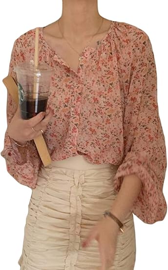 Amazon ニカ レディース シャツ ブラウス 長袖 春 夏 レディース シャツ ゆったり クルーネック パフスリーブ 花柄 可愛い シフォンシャツ トップス シック ファッション カジュアル 通勤 通学 お出かけピンク シャツ ブラウス 通販