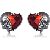 URONE Skull Stud Earrings for Women 925 Sterling Silver Red Heart Earrings Goth Jewelry Gift