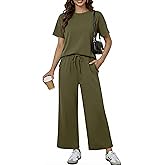 PINSPARK Soft 2 Piece Sets for Women Short Sleeve Matching Lounge Set Wide Leg Pants Tracksuit Travel Summer Outfits 2026