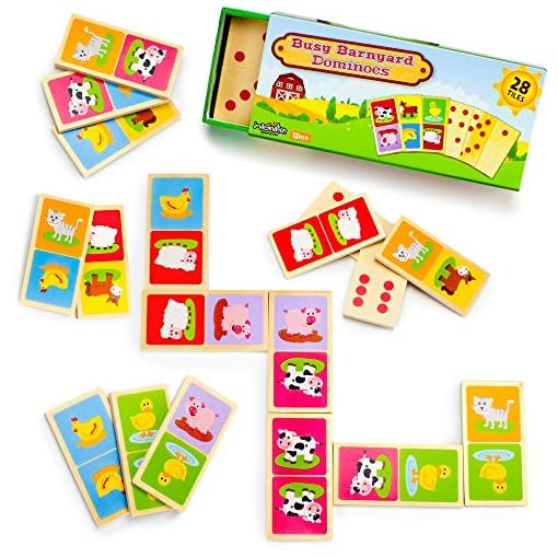 Imagination Generation Busy Barnyard Wooden Dominoes - Reversible! Classic and Matching Games (28pcs)