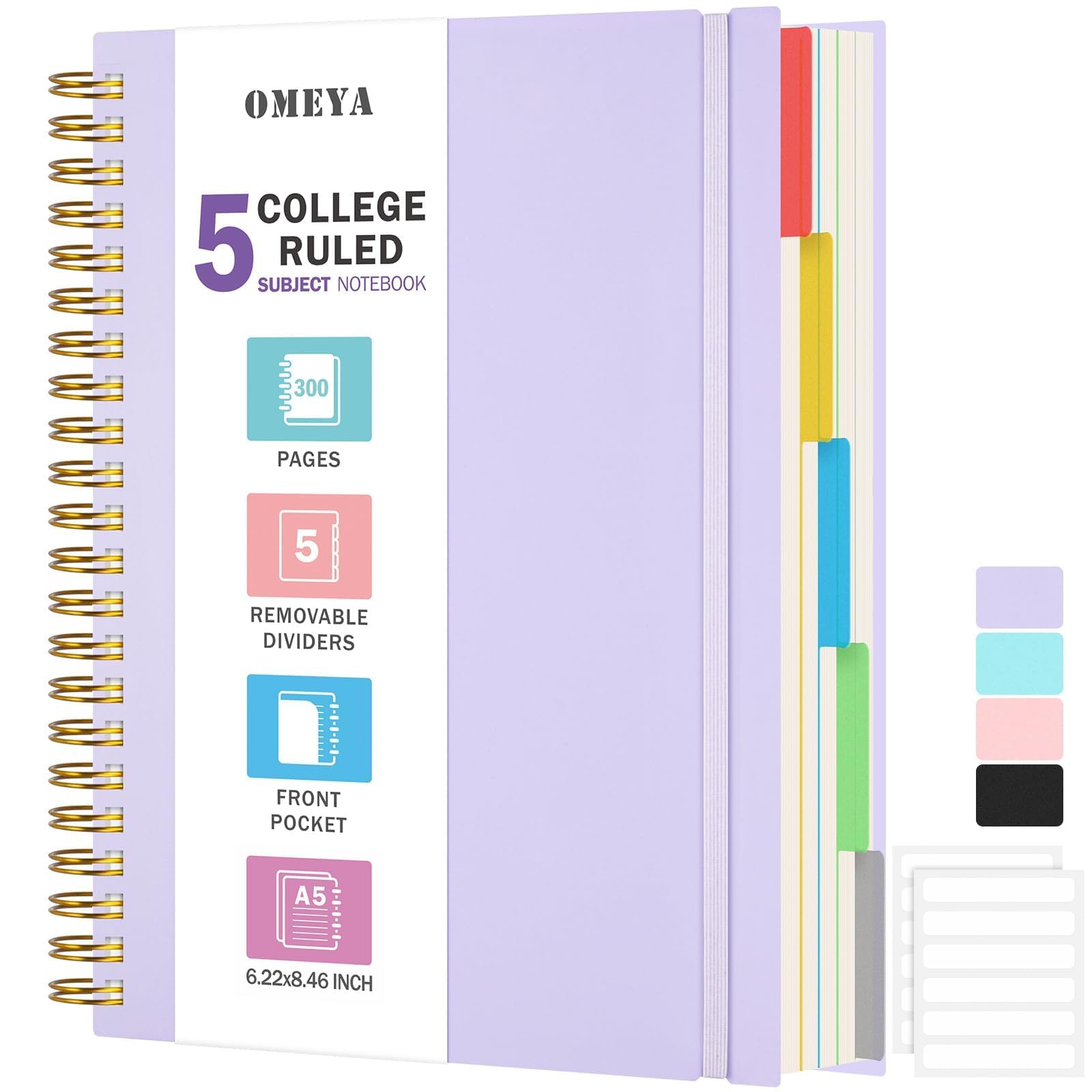 Photo 1 of 5 Subject Notebooks College Ruled, Spiral Lined Notebook with Removable Dividers, 300 Pages 100GSM Thick Spiral Writing Journal for Women & Men, Large A5 Notebooks for Work, School Supplies, 6" x 8"