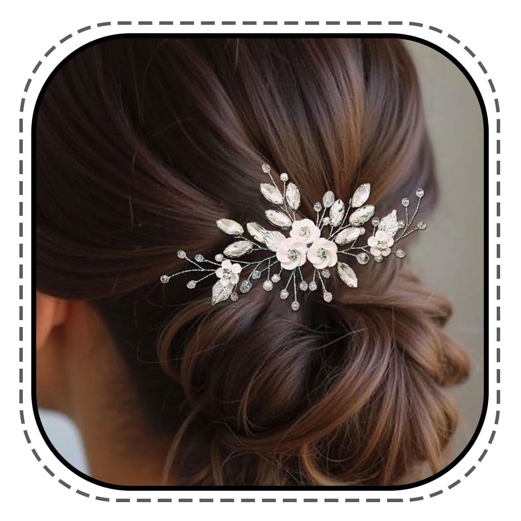 Edary Bridal Wedding Flower Hair Comb Silver Rhinestone Bridal Headpiece Pearl Hairclips Crystal Hair Accessories for Women and Girls (Silver 1)