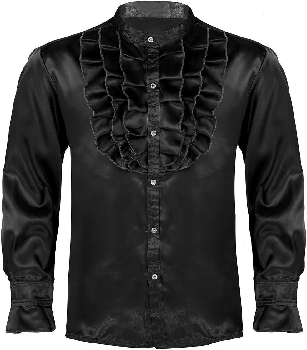 CHICTRY Men's Silk Satin Long Sleeve Prom Dress Shirt Crossdress T-Shirts Tops