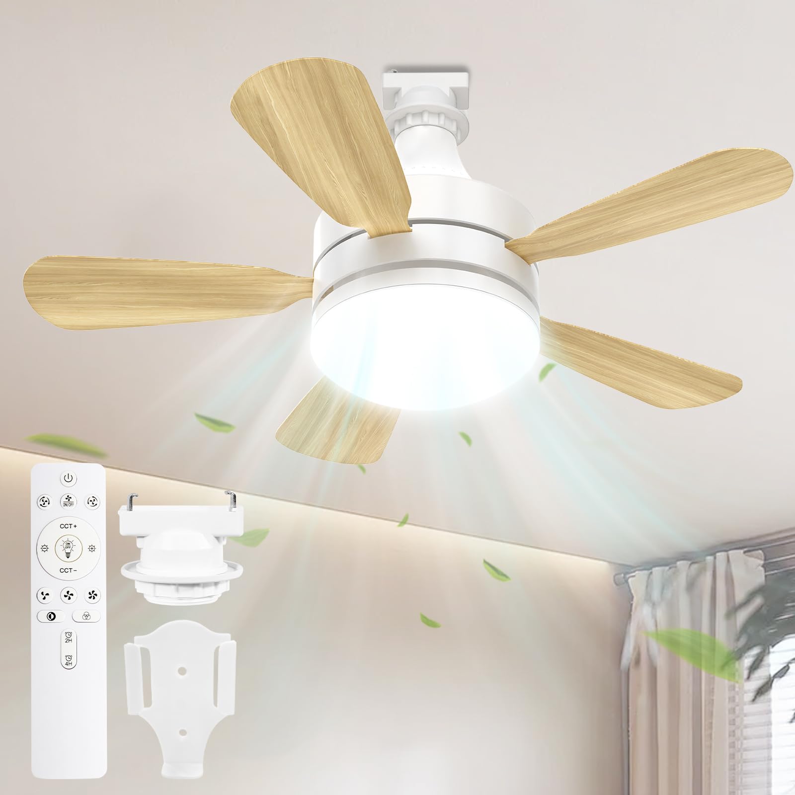 TENKOO & YOU LED Ceiling Fan Light, Fan, 28 W, 3,000 lm, E26 Ceiling Light, Night Light, Light Fixture, Energy Saving, Forward and Reverse Switching, No Steps, Dimming Color, 3 Steps Air Flow