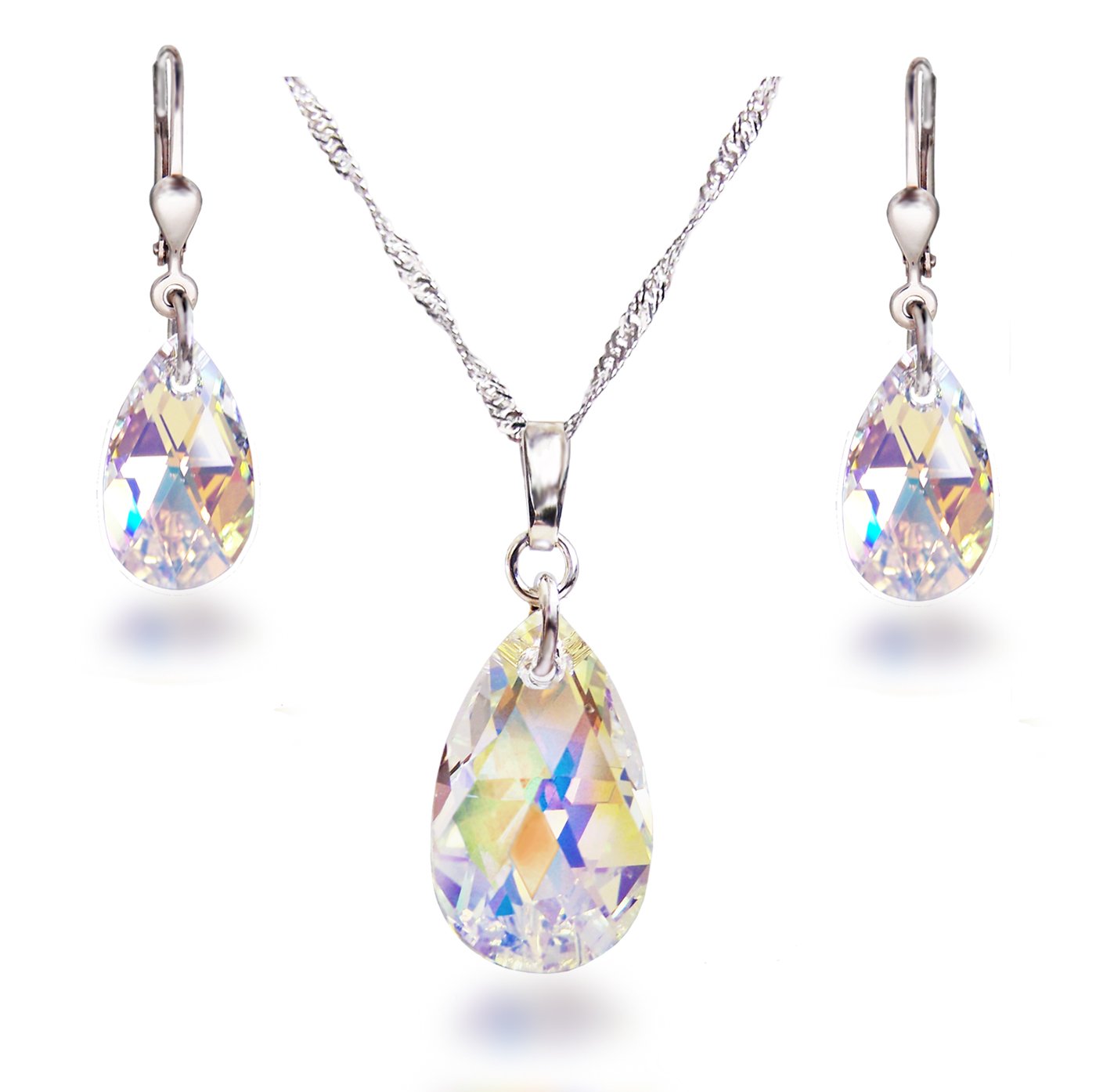 Schöner-SD 925 silver jewellery set with crystal drops in Crystal Aurora Boreale