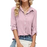 Am Direct Women's Collared Button-Down Blouse Roll-Tab Sleeve Casual & Office Versatile Top