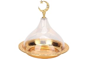 Luqeeg Serving Dish with Acrylic Clear Dome, Golden Vintage Serving Platter Eid Mubarak Cake Tray Ramadan Serving Tray Desser