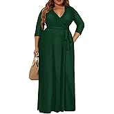 Milloud Plus Size Dress for Women - 3/4 Sleeve V-Neck Maxi Dress for Women with Belt and Pockets (2XL-6XL