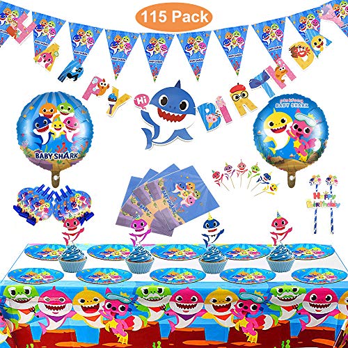Set of 115 Pcs Shark Party Supplies Set,Shark Baby Birthday Decoration, Shark Party Decoration, Children Carnival Party Supplies Decoration