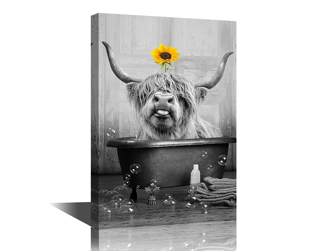 Yak Decor Bathroom Wall Art Canvas Framed Highland Cattle Sunflower Poster Funny Bathtub Decor Farmhouse Decor Home Bar Toilet Cafe Wall Decor Ready to Hang - 18" Wx12 H
