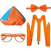 Blue Orange Hat,Orange Suspender,Bow-tie, Glasses, 4PCS Unisex Costume Accessory Set for Halloween Dress Up Party Supply