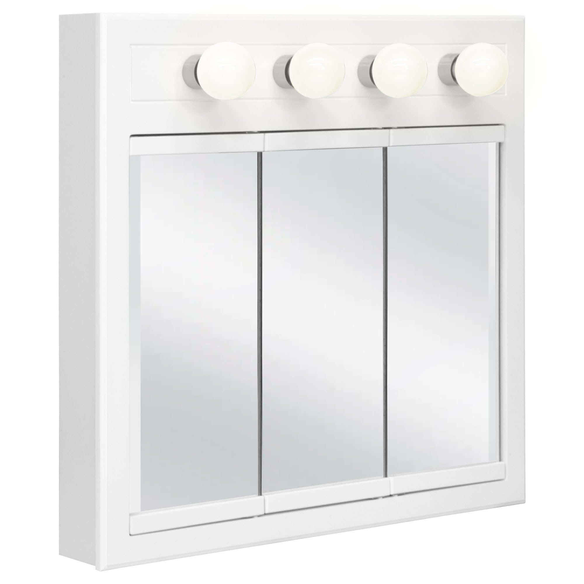 Design House Concord Medicine Cabinet, 3 Mirrored Doors, Pre-Assembled, Surface Mount, 4 Lights, White Wood Frame Wall Cabinet, 30 in W x 5 in D x 30 in H, 532382-WHT