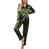 Ekouaer Women's Classic Button Down Long Satin Silk Pajama Set