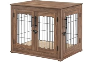beeNbkks Furniture Style Dog Crate End Table, Double Doors Wooden Wire Dog Kennel with Pet Bed, Decorative Pet Crate Dog House Indoor Medium Large