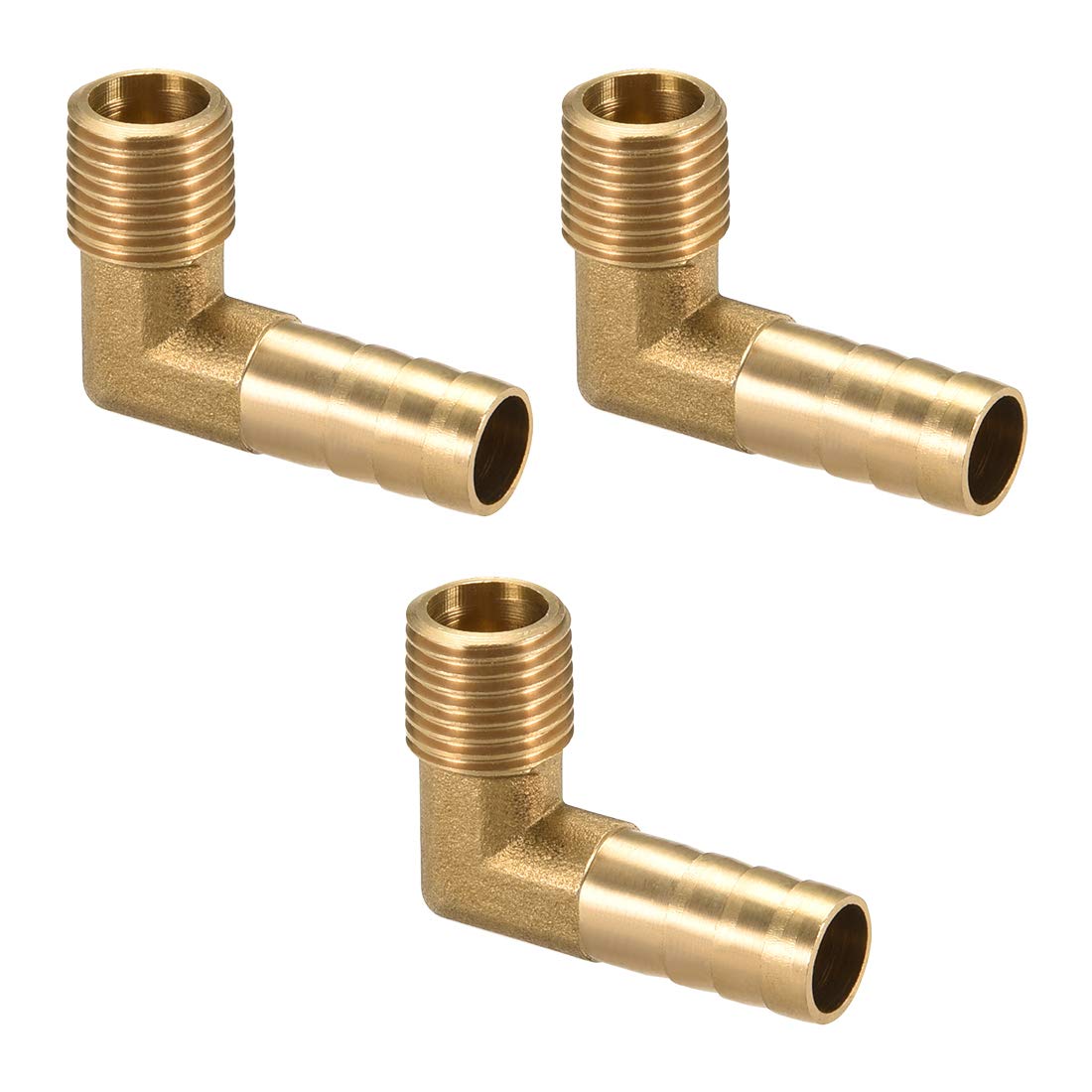 sourcing map Brass Barb Hose Fitting, 90 Degree Elbow 10mm Barbed to 1/4 PT Male Pipe Adapter Connector 3pcs