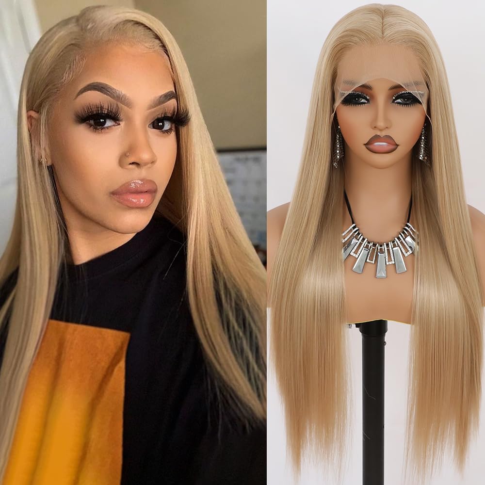 Photo 1 of Maycaur Blonde Lace Front Wigs Pre Plucked Hairline Long Wigs for Black Women Glueless Straight Hair Blond Lace Front Synthetic Wigs Heat Resistant Fiber Hair 24 Inch