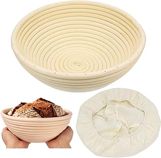 ZesNice Gärkörbchen Rund, ø 25 cm, Höhe 8.5 cm Banneton Proof Korb für Brot und Teig Backen Zubehör Bäckerleinen und Gratis Liner