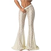 Milumia Women's Floral Lace Sheer Flare Pants Elastic Low Waist Skinny Flowy Party Bell Bottoms Trousers