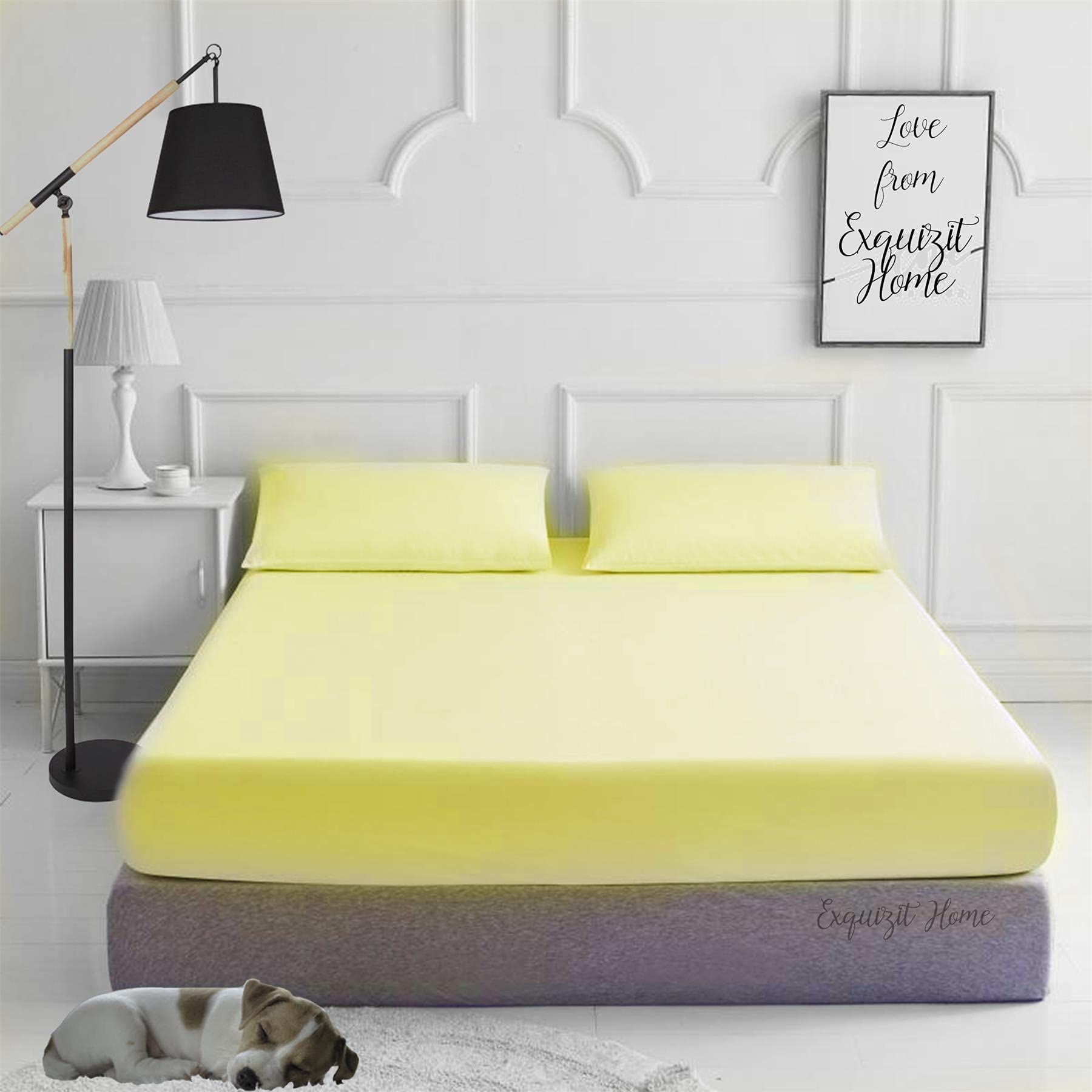 EXQUIZIT HOME® Fitted Bed Sheet with Pillowcases Pack of 2 – Plain Dyed Poly Cotton Percale Easy Care 180TC Bed Sheet, Soft & Durable 50% Cotton 50% Polyester (Lemon–Double)
