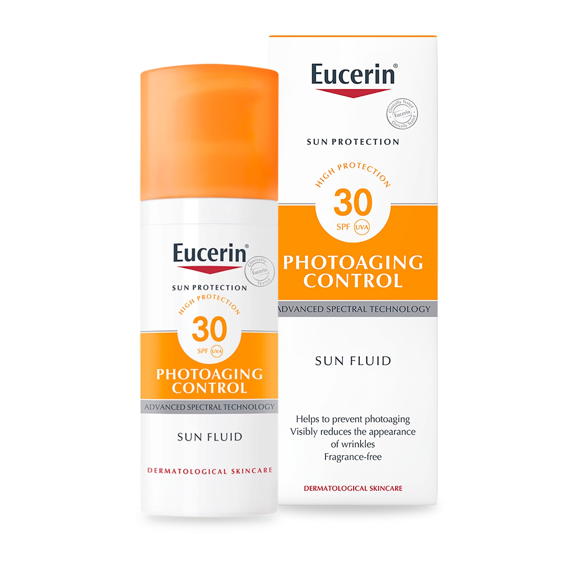 Eucerin Photoageing Control Sun Fluid SPF 30 50ml, Advanced Protection from Sun-Induced Photoageing and Wrinkles, Facial Anti-Age Sunscreen with UV Filter and Hyaluronic Acid