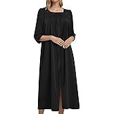 Bloggerlove Women's Zipper Robe 3/4 Sleeves Full Length House Dress Square Neck Housecoat Soft Cotton Nightgown with Pockets