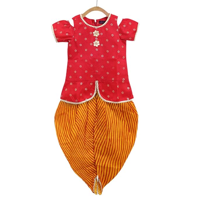 Peaches By Hopscotch Girls Poplin Half Sleeves Kurta With Dhoti In Multi Color