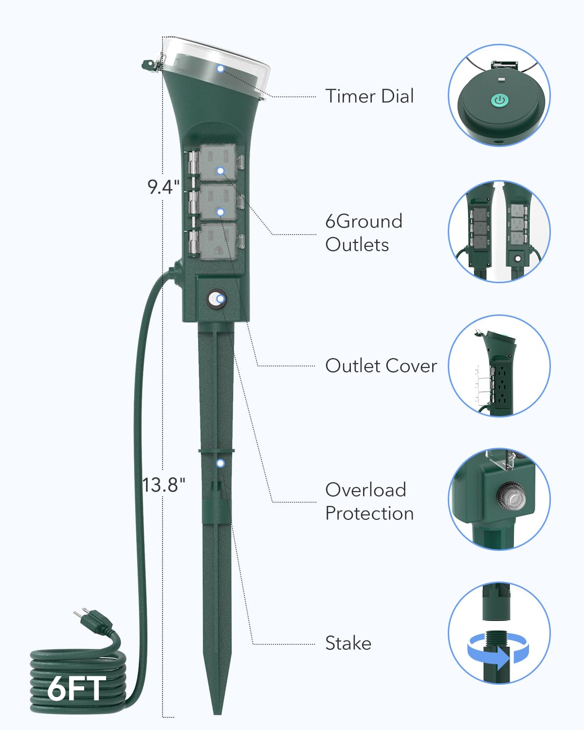 HBN Outdoor Smart Plug Waterproof WiFi Outdoor Outlet Timer with 6 Grounded Outlets, Remote & Voice Control Heavy Duty Yard Stake Plug Compatible with Alexa and Google Assistant No Hub Required - View 7