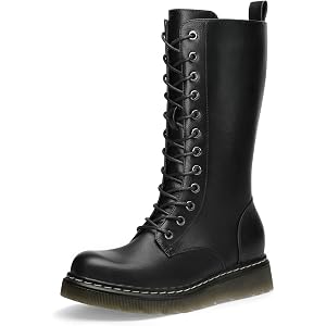 Athlefit Women's Lace-Up Combat Boots for Fall/Winter, Non-Slip Platform Mid Calf Boots with Inside Zipper, Comfortable & Sty