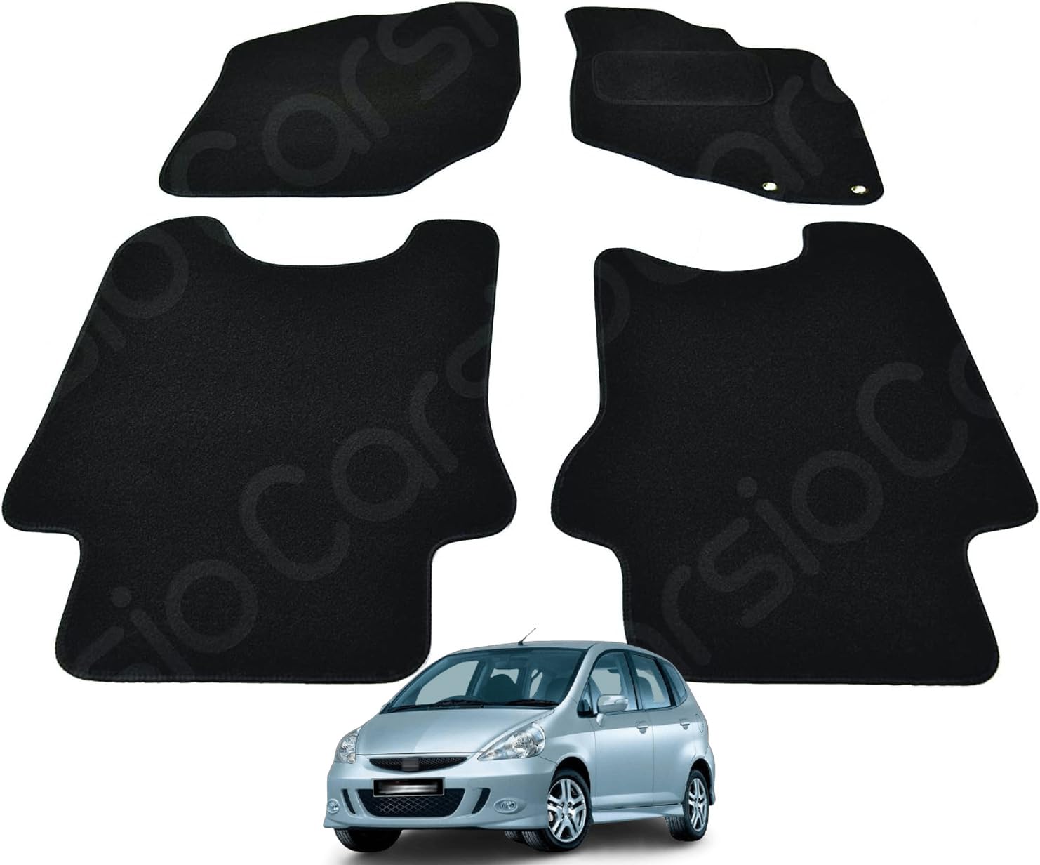Carsio Carpet Car Mats For Honda Jazz 2002 2008 4 Piece Set with 2 Clips Tailored Fit Floor Mat Complete Accessory Black Custom Fitted - All Weather, Anti-Slip Backing & Black Trim