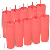 Volhoply 20oz Plastic Skinny Tumblers Bulk 10 Pack,Double Wall Tumbler with Lid and Straw,BPA Free Matte Acrylic Iced Coffee Cups With Straw,Reusable Travel Cute Mug for Party,DIY Gifts(Red, 10 Set)