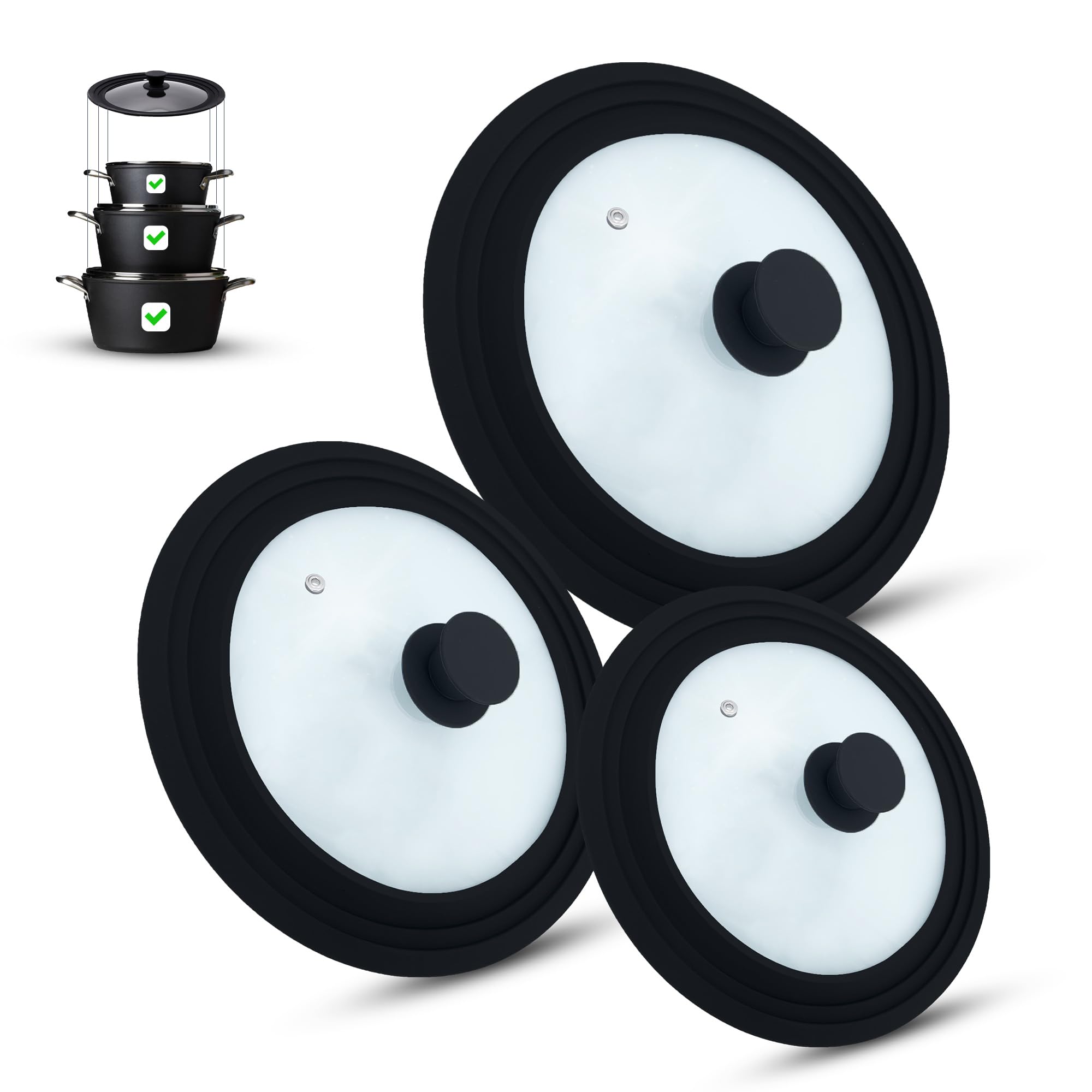 Set of 3 universal glass lids, 3-piece, pots and pans 16/18/20 cm & 24/26/28 cm & 28/30/32 cm, with outlet valve and silicone rim. (black)