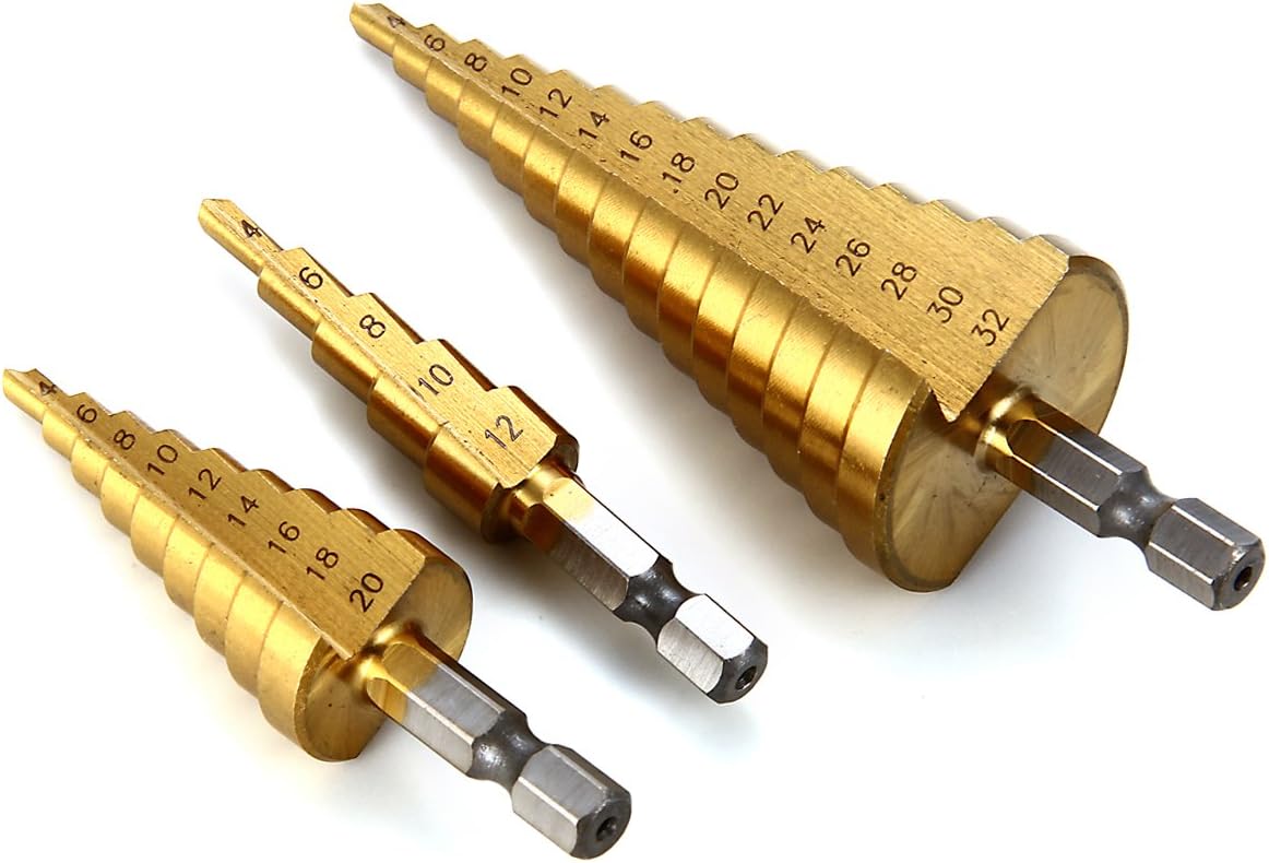 3 Pcs Large HSS Titanium Nitride Coating Steel Step Cone Drill Bit Set Hole Cutter 4-12/20 / 32mm [ Life Time Warranty ]