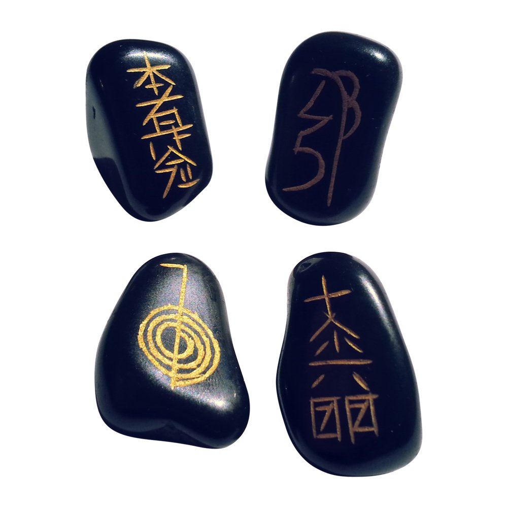 Markenlos 4 Black Agate Tumbled Stones with Usui Reiki Symbols
