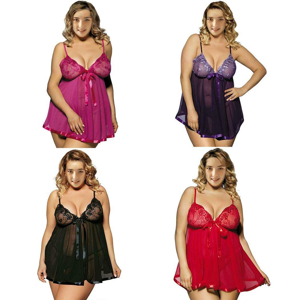 Latine Plus Size Lingerie for Women,M-5XL Sexy V Neck Spaghetti Strap Floral Lace Patchwork Babydoll Baby Dolls Black