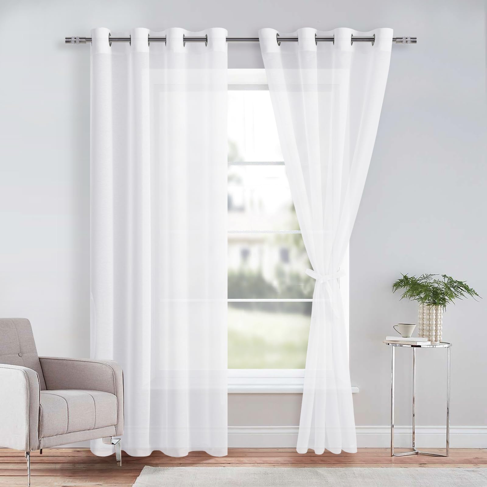 DWCN White Sheer Curtains with Tiebacks Semi Transparent Voile Grommet Curtains Elegant Window Curtains for Bedroom and Living Room,2 Panels,W56 x L90