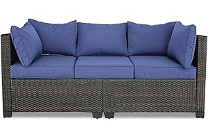 BPTD Outdoor Patio Furniture Set Balcony Furniture PE Rattan Wicker Outdoor Sectional with Washable Cushion for Garden, Poolside, Balcony, Backyard (Brown-Navy Blue, Set of 3)