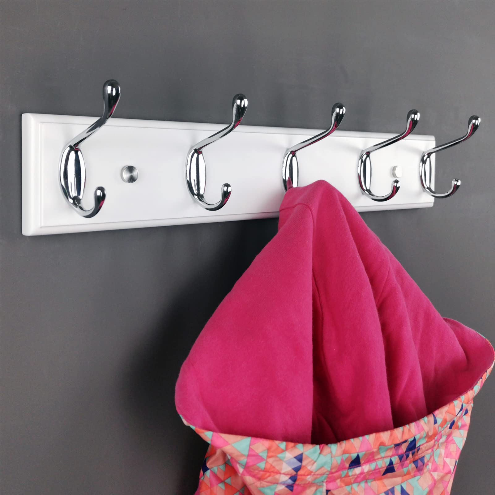 Lomejii 5 Silver Hooks Wall Coat Rack, White Wood, 44 cm, Modern Coat Rack for Entrance, Hallway, Bedroom