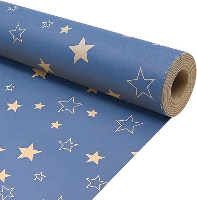 Topeedy Blue Star Pattern Wrapping Paper Roll 43cm x 15m Kraft Gift Wrap
