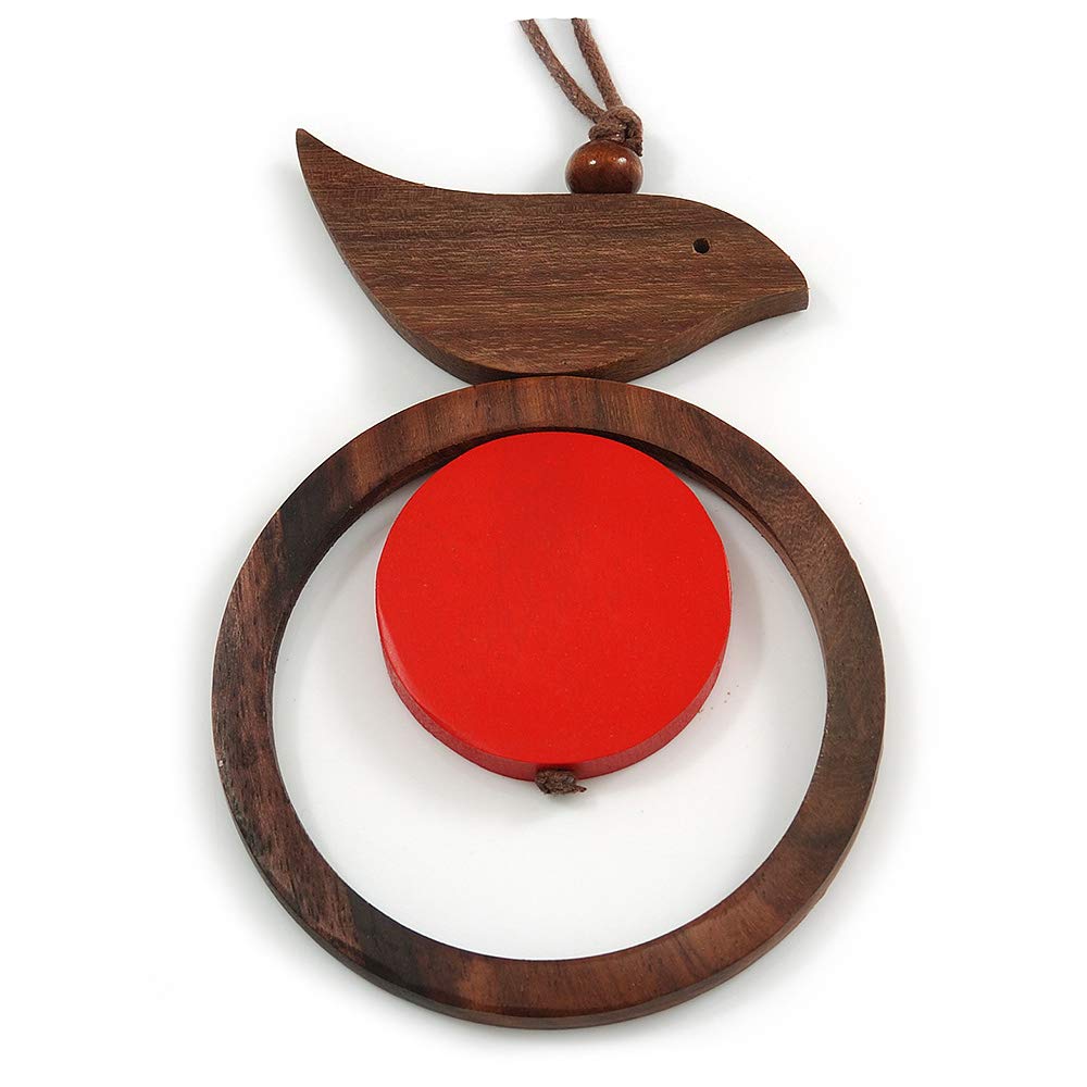 Avalaya Brown/Red Bird and Circle Wooden Pendant Cotton Cord Long Necklace - 84cm L/ 10cm Pendant
